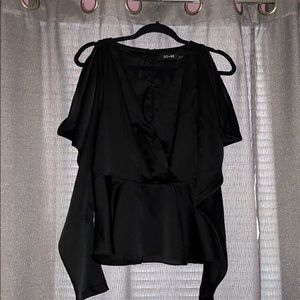 Satin Peplum Open Shoulder Long Sleeve Blouse
